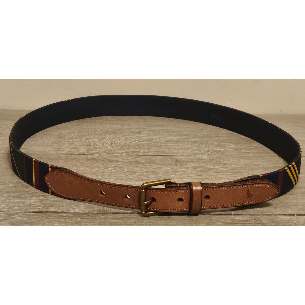 Polo Ralph Lauren Mens Belt 36 Navy Blue Stripe Skull Rugby Patch Leather